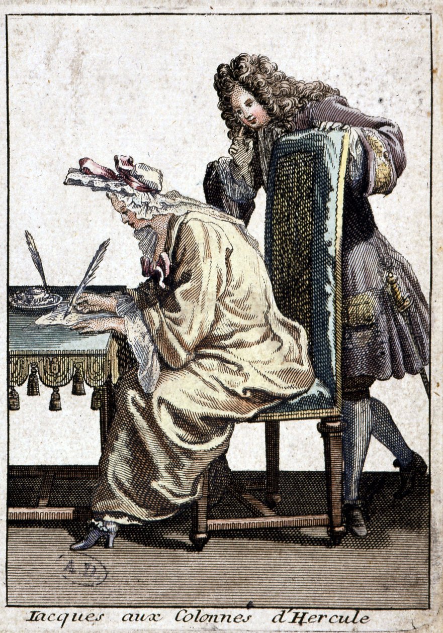 Nő ingben és hálósapkában levelet ír a férfival, n.d. 1715. v. alkotó: French School