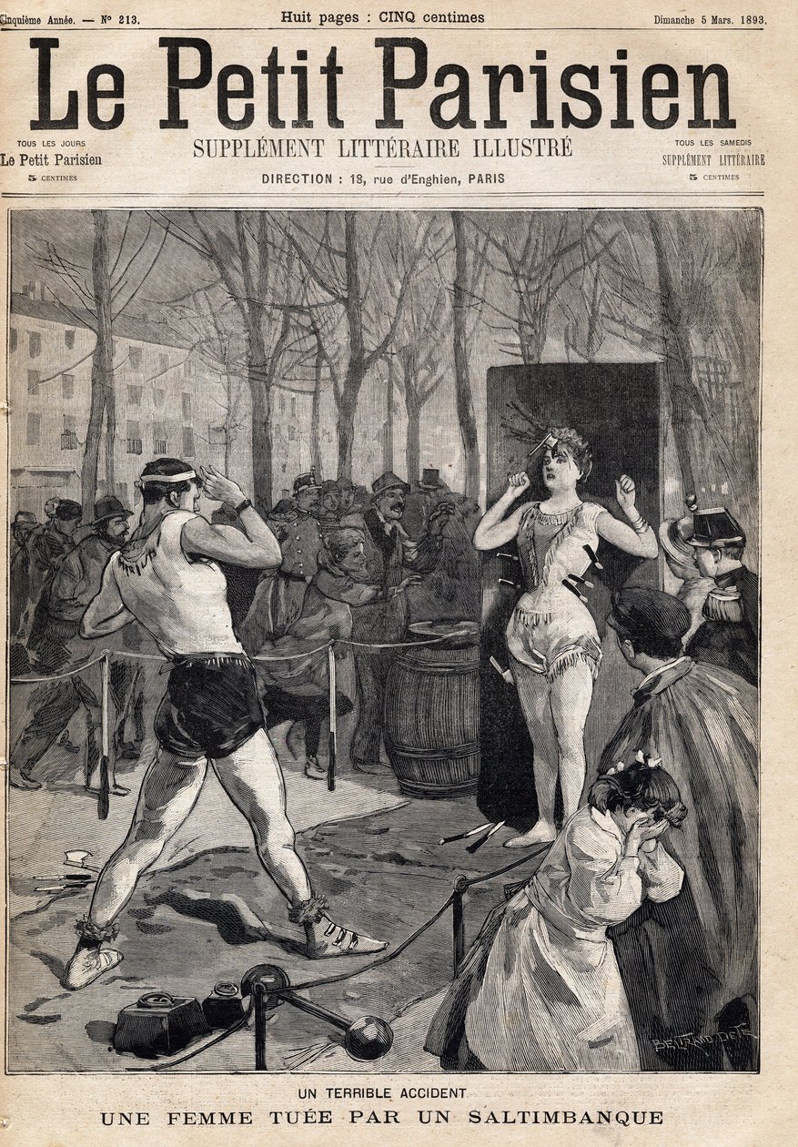 Véletlenül meghalt egy nő egy sósbank bemutató során az utcán, a Place des Quinconces Bordeaux-ban. A „Le petit Parisien” című újság egyike, 1893.05.03. (metszet) alkotó: French School