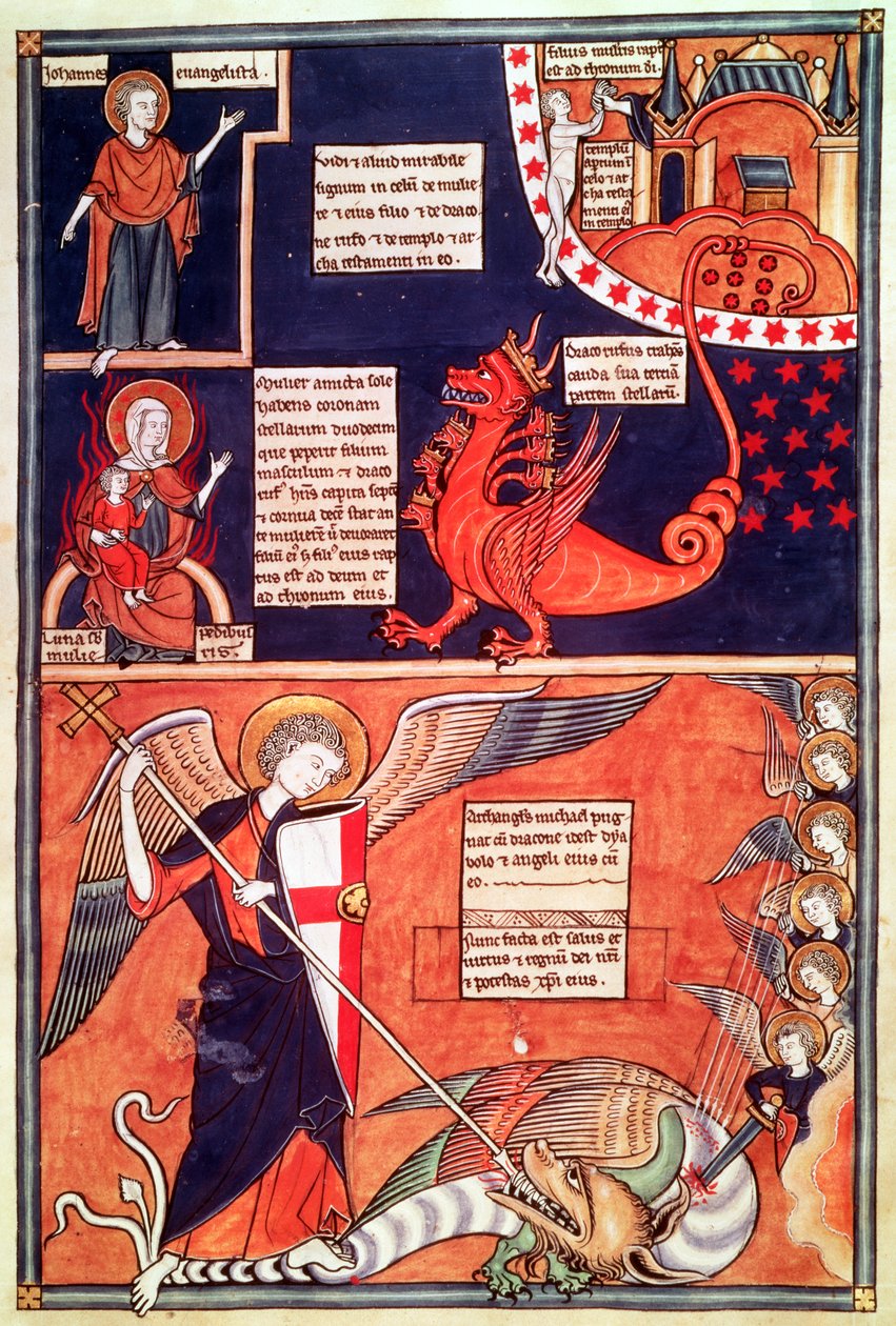 Az Apokalipszis nője, akit megtámad a hétfejű sárkány és Szent Mihály megöli a sárkányt, a Liber Floridusból, Lambert de Saint-Omer, 1120 körül alkotó: French School
