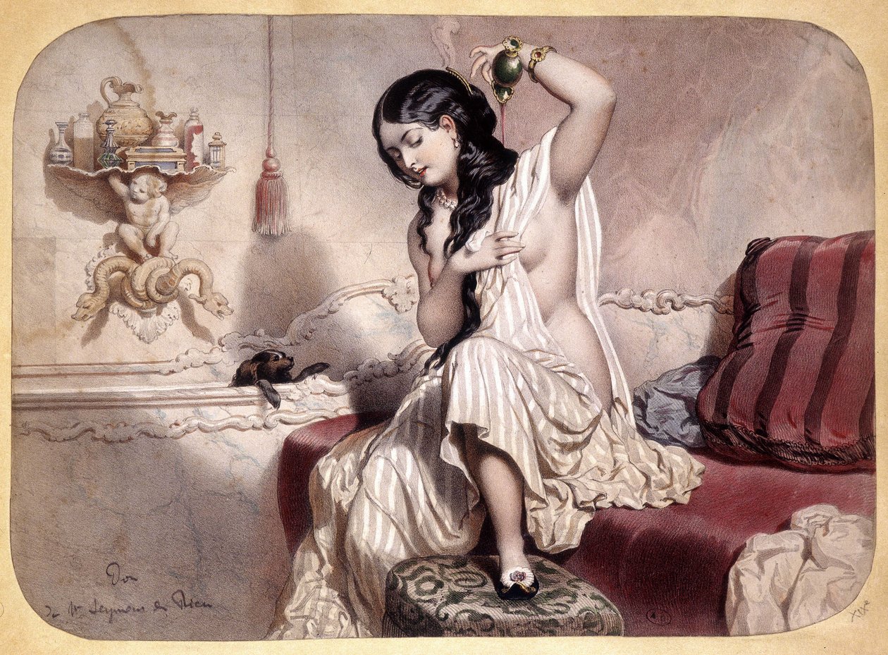 Fürdés után illatosító nő - litográfia, 1860. v alkotó: French School