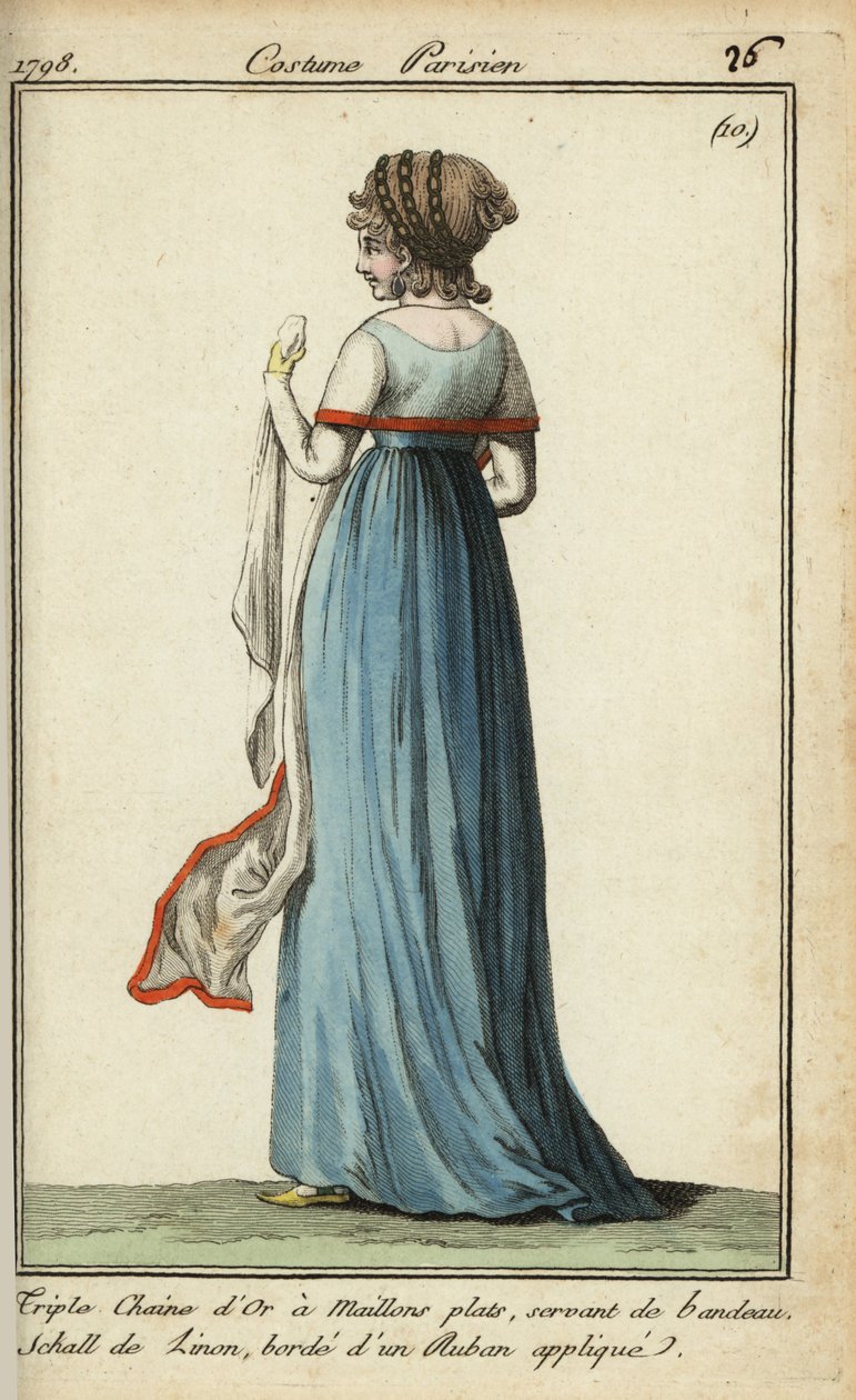 Nő áttetsző kendővel az 1798-as divat szerint (kézszínű rézmetszet) alkotó: French School