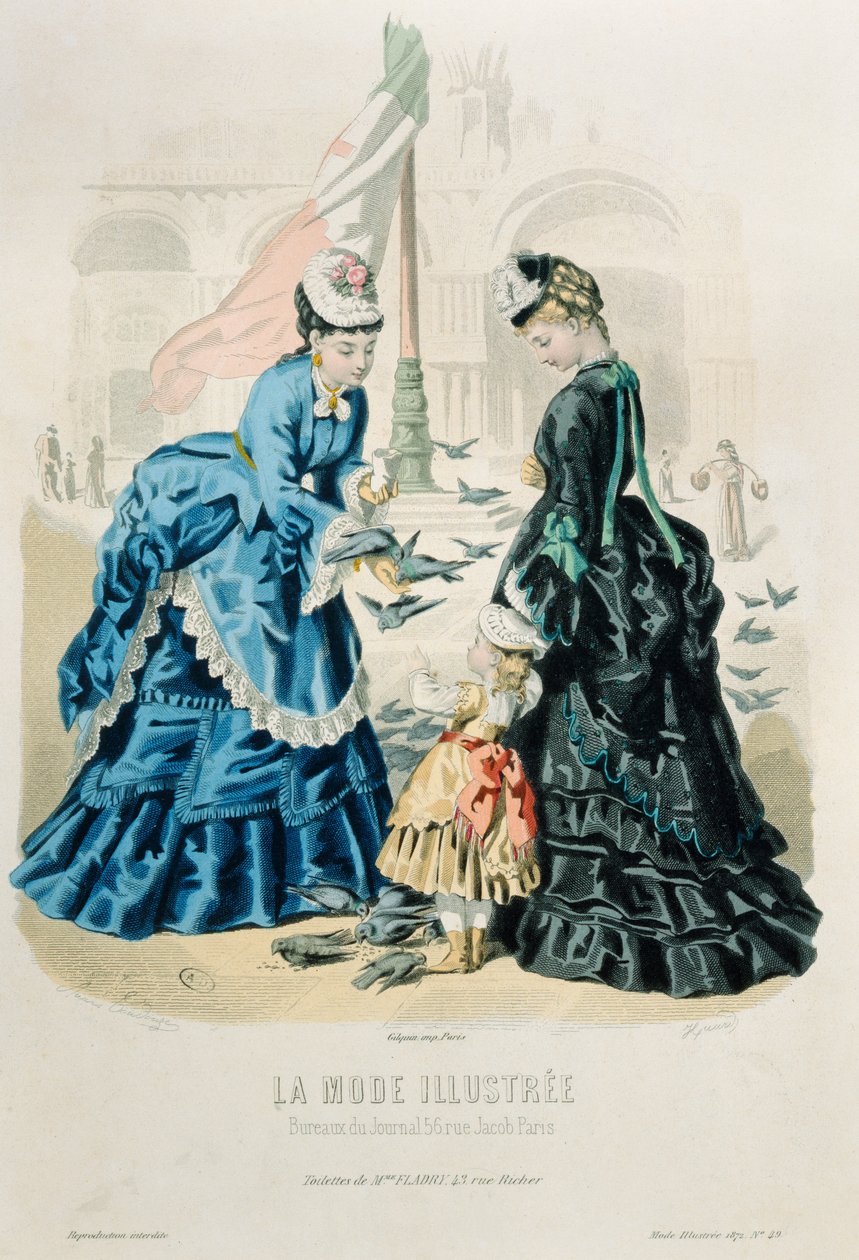 Nők és egy gyerek eteti a galambokat, a La Mode Illustrée-ből, 1872 alkotó: French School