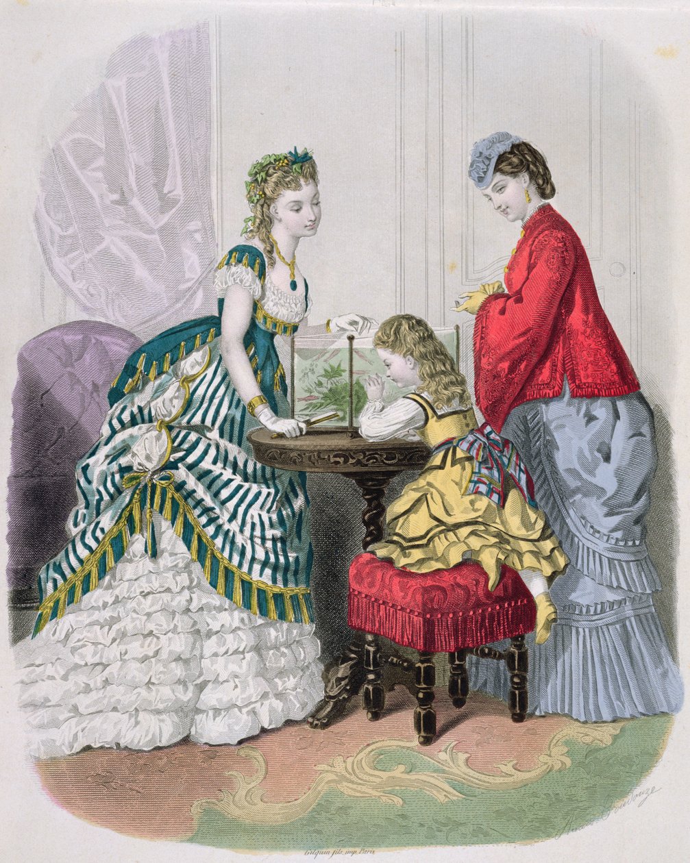 Nők és egy akváriumot nézelő gyerek a La Mode Illustrée-ből, 1870 körül alkotó: French School