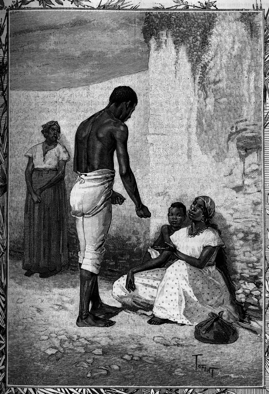 A nők koldulnak Santo Domingo utcáin, bevésve az illusztris „Youth” folyóiratba. alkotó: French School
