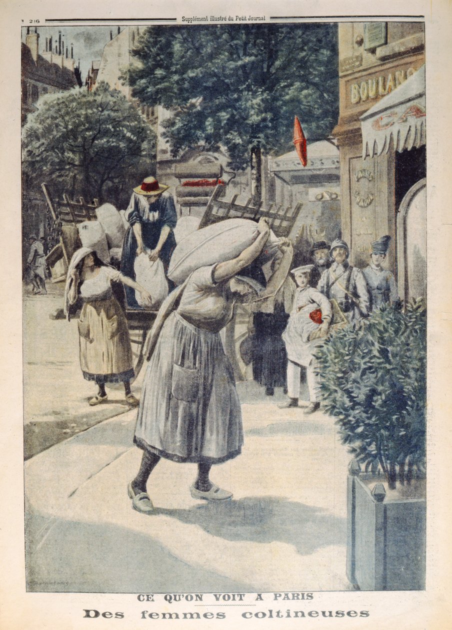 Liszteszsákokat cipelő nők az 1. világháború alatt Párizsban, illusztráció a Le Petit Journalból, 1917. július 8. alkotó: French School
