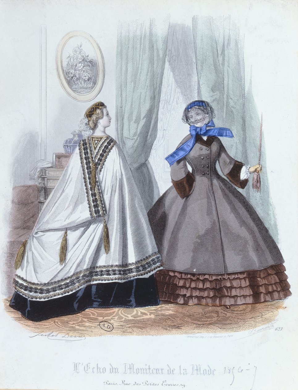 Nők köpenyben és kabátban, divattányér a LEcho du Moniteur de la Mode-tól, 1856-7 alkotó: French School