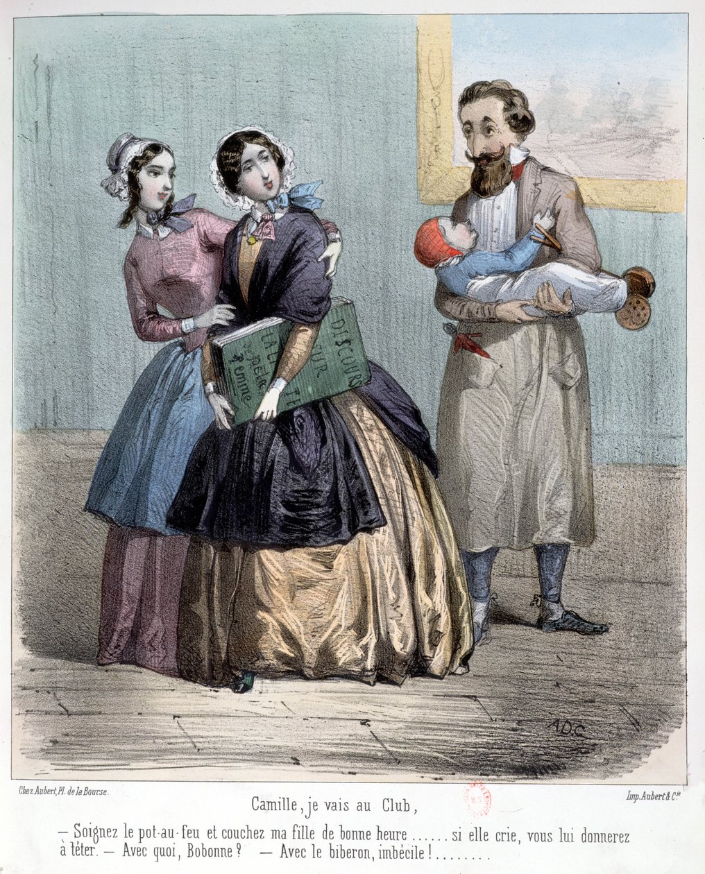 A nők elhagyják férjüket, hogy gyermekeikről gondoskodjanak, amíg elmennek a klubjukba, 1848 alkotó: French School