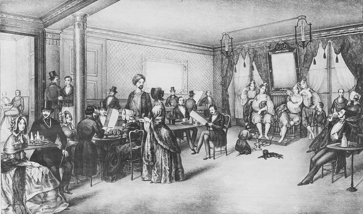Algíri nők egy párizsi kávézóban, 1860 körül (metszet) alkotó: French School
