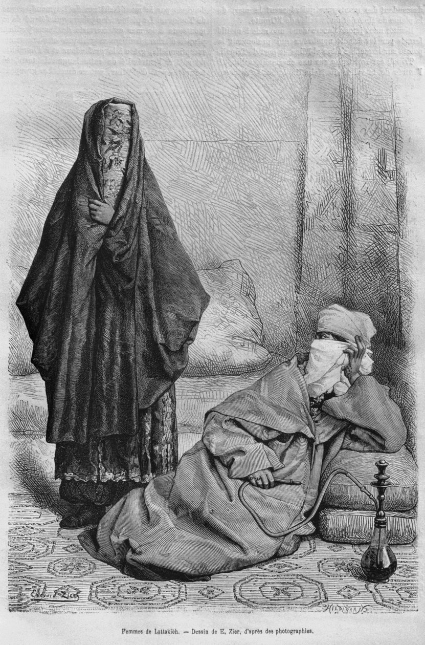 Latakiai nők, Szíriából ma. Utazások Föníciában, Libanonban és Júdeában. Louis Charles Emile Lortet 1875-1880, 1884 (bw metszet) alkotó: French School