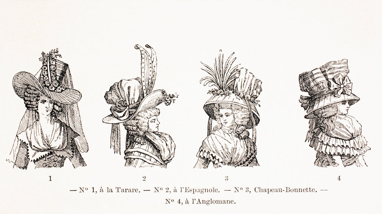 Női kalapstílusok a 18. században, 1875 alkotó: French School