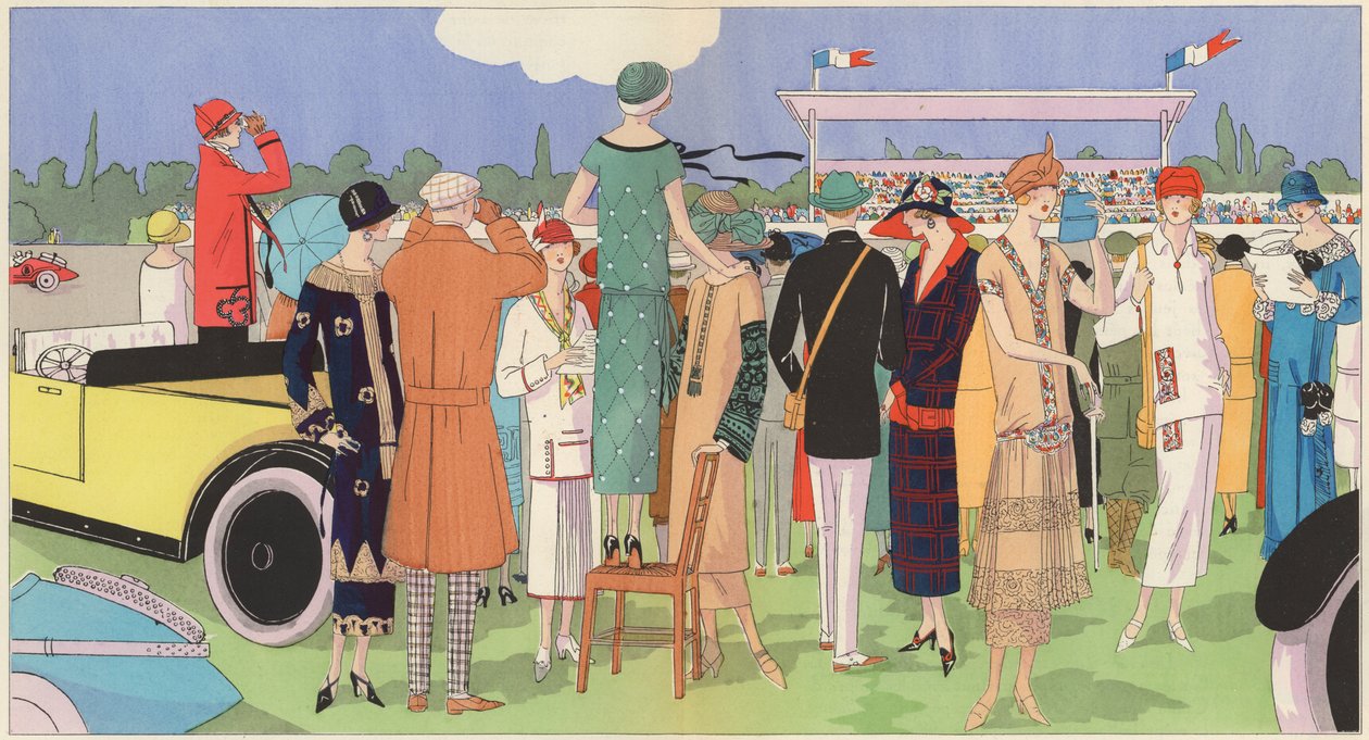 Női divat a versenyeken Jeanne Lanvin, Jean Patou, Premet, Georges Doeuillet tervezőktől (színes litográfia) alkotó: French School