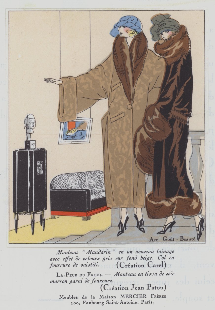 Carel és Jean Patou tervezők női divatja az 1920-as évekből (színes litográfia) alkotó: French School
