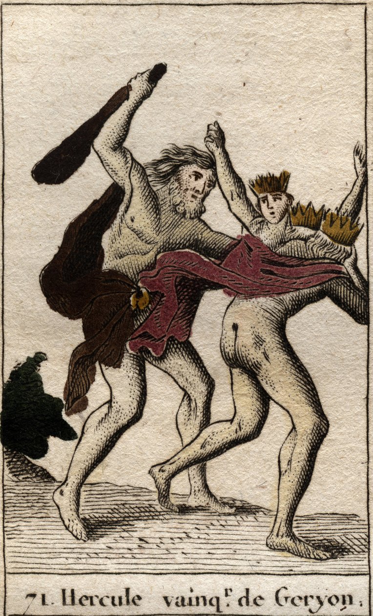Hercules művei: „Hercule triumphant du geant aux trois corps Geryon” (Héraklész munkája, Herkules megöli a szörnyeteget Geryon) Pierre Blanchard „Mythologie de la jeunesse” című művéből, 1803. alkotó: French School