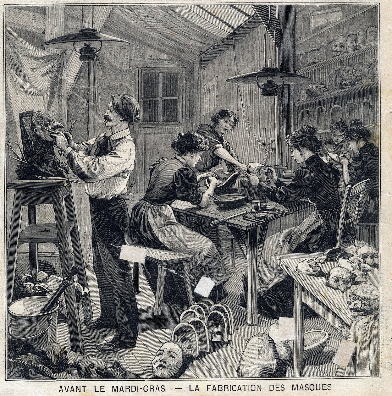 A Mardi Gras fesztivál (Mardi-Gras) álruháihoz való maszkok gyártási műhelye. A „Le Petit Parisien” című kötetben 1897.02.14 alkotó: French School