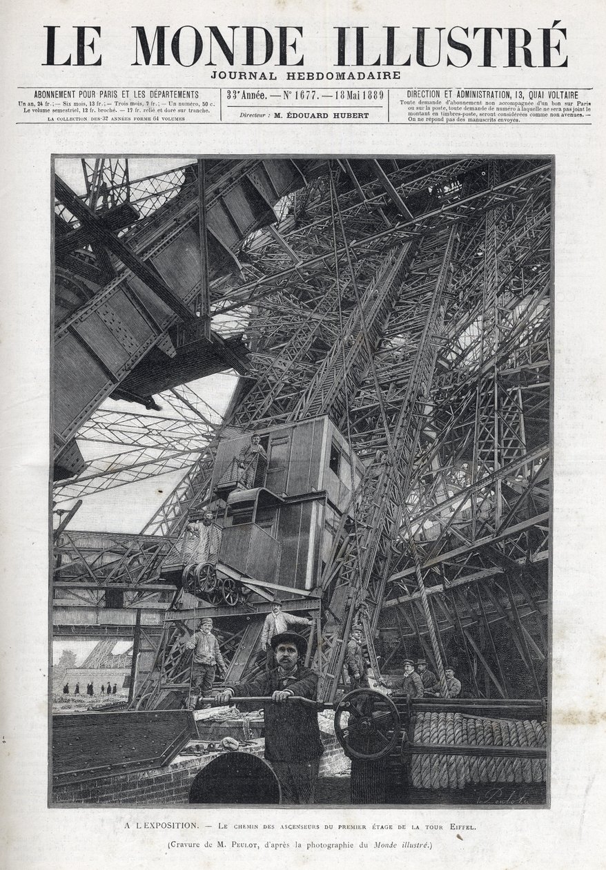 1889-es párizsi világkiállítás - Az Eiffel-torony első emeleti felvonóútja - 1889-es Párizsi Egyetemes Kiállítás - Az Eiffel-torony első emeletének liftjeinek útja - Le Monde Illustré 1889 alkotó: French School