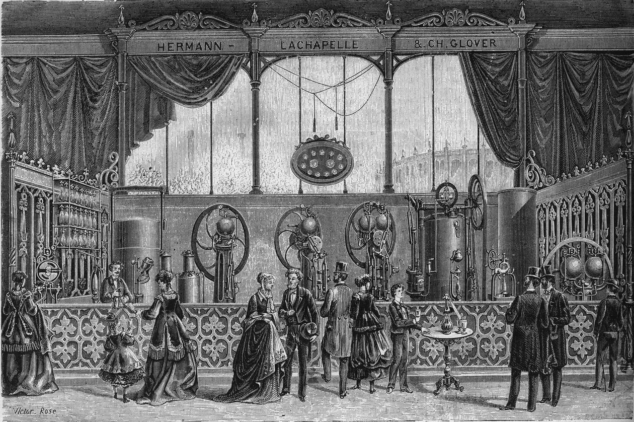 1867-es világkiállítás: Hermann Lachapelle (Hermann-Lachapelle) és Glover által feltalált gázvíz-készülékek (telítő, gázmérő, permetező, adagolószivattyú...). Metszet a „” Le Monde Illustré”” 578. számában, 1868. május 9.. alkotó: French School