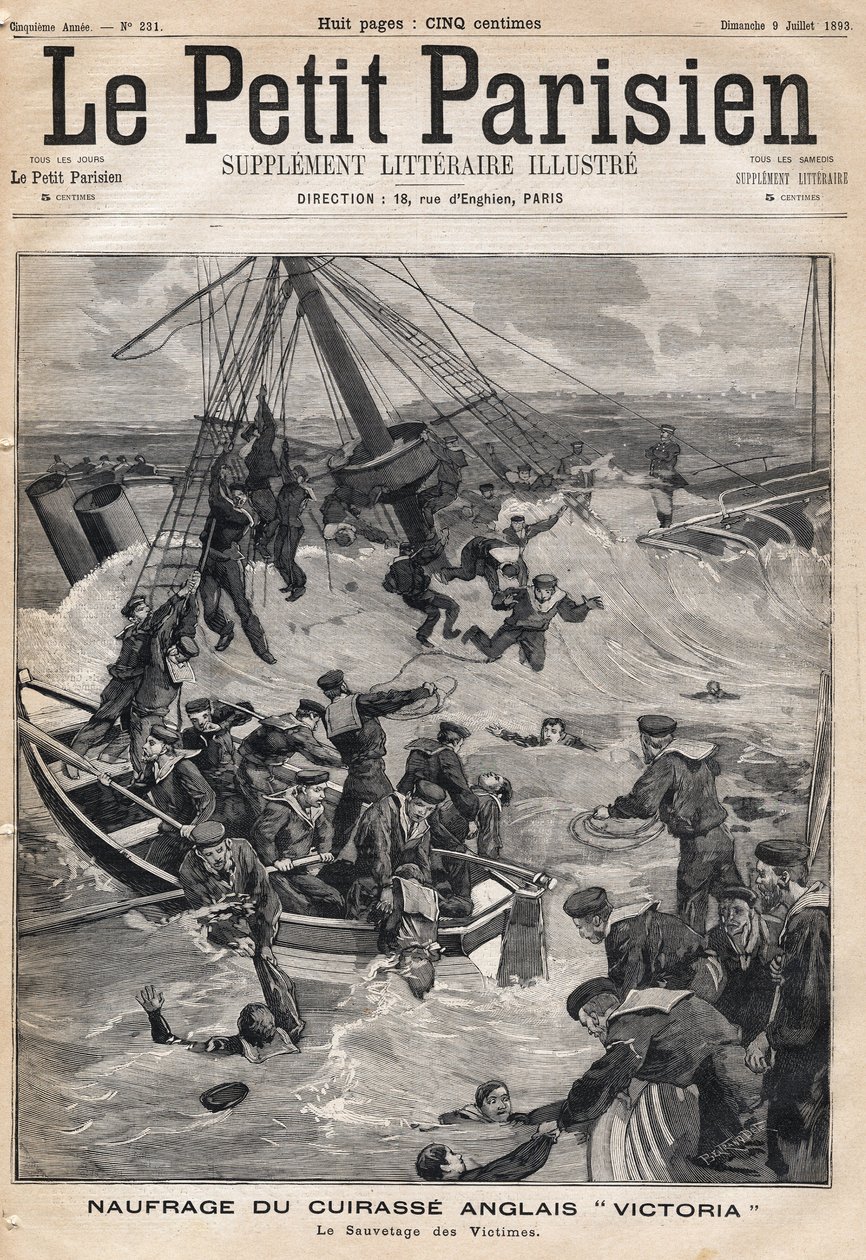 A „Victoria” angol páncél roncsa egy ütközést követően Szíria partjainál és az áldozatok mentése. A „Le petit Parisien” című újság egyike 1893.07.09. (metszet) alkotó: French School