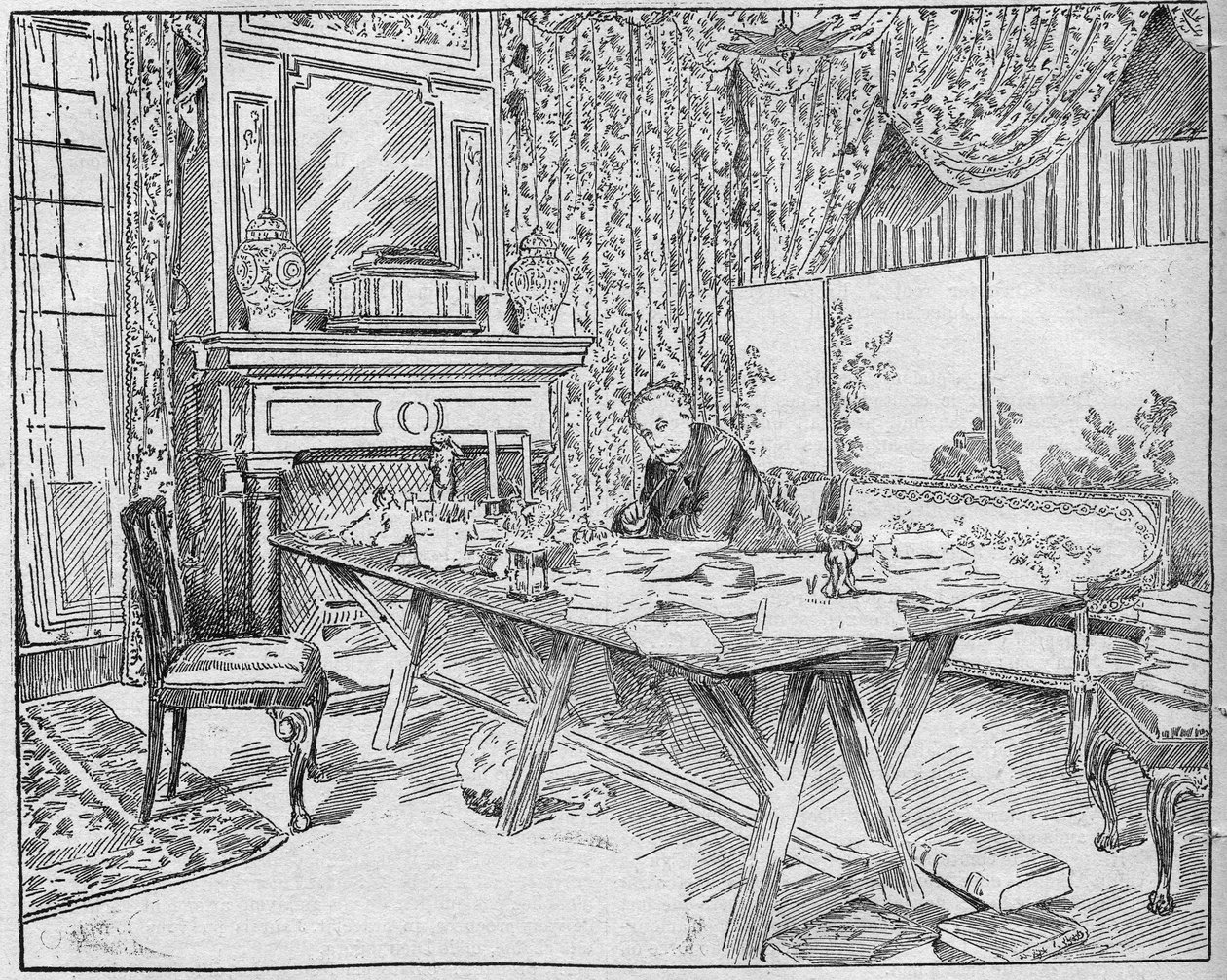 Ifjabb Alexandra Dumas író (1824-1895) a munkaszekrényében. Metszet a „La gazette du dimanche”-ban, 1895. december 12-én. alkotó: French School