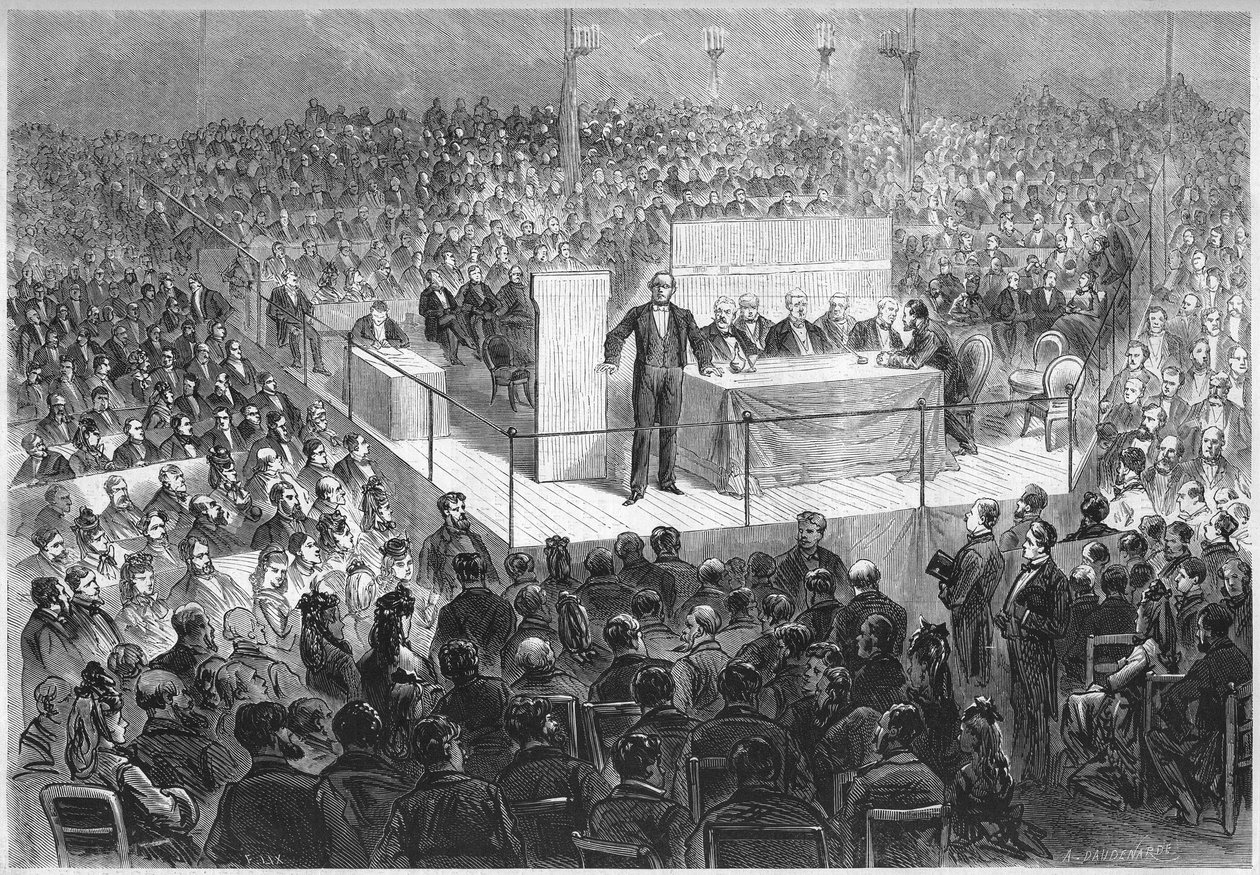 Ernest Legouve (1807-1903) író elnököl egy „hazafias találkozón”, amelyet azért szerveztek, hogy pénzt gyűjtsenek a Németország által az 1870-es háború vége óta megszállt francia megyék megváltására. Párizs, a Champs Elysees cirkusza, február 25. alkotó: French School