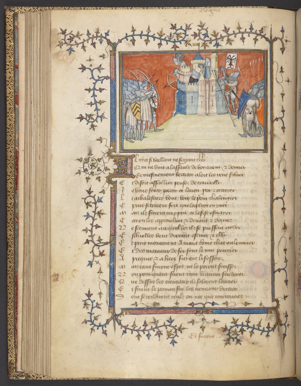 Yates Thompson 35 f. 80v Taking of Valonges, "The Song of Bertrand du Guesclin" c.1380-92 (vellum) alkotó: French School