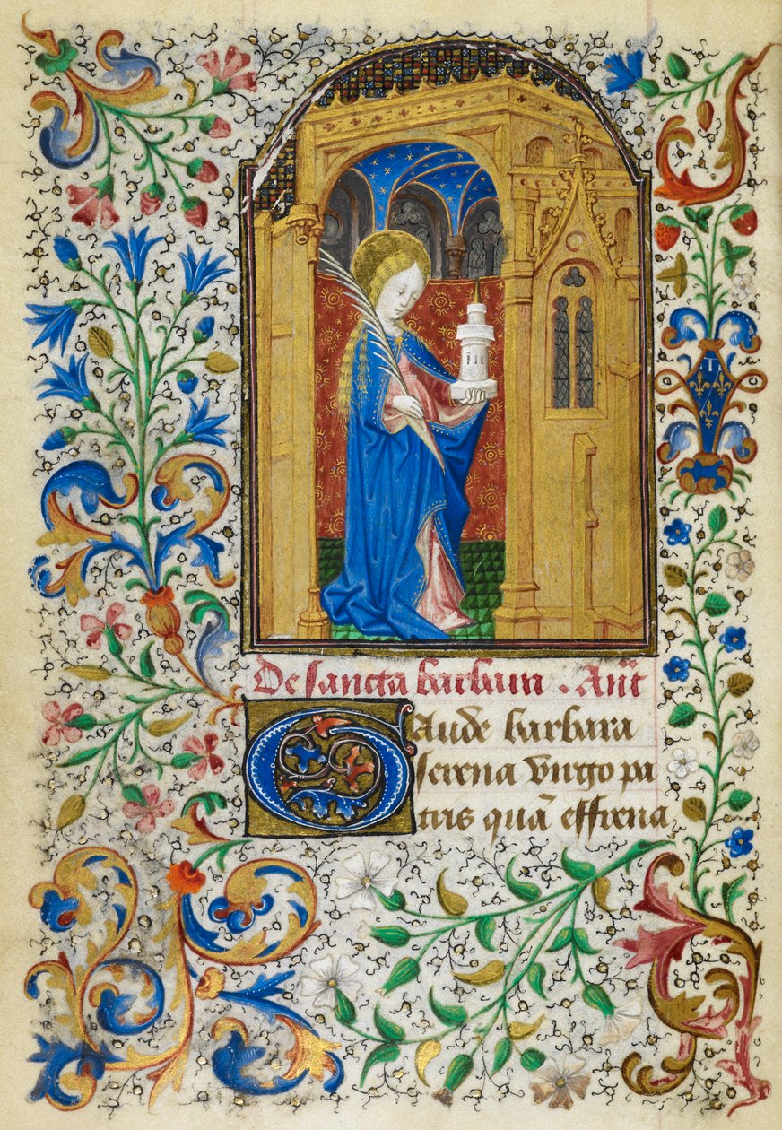 Yates Thompson 3, fol.289v Szent Borbála miniatűrje arany boltív alatt, pálmával és tornyával, teljes lombszegéllyel, a választójog kezdetén, a „The Dunois Hours”-ból, 1440 körül. 1450 (vellum) alkotó: French School