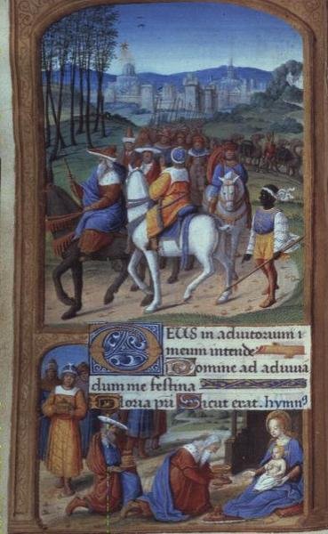 Yates Thompson 5 f.48v Adoration of the Magi, a Tilliot Hours-ból, Tours (vellum) (20292 részlet) alkotó: French School