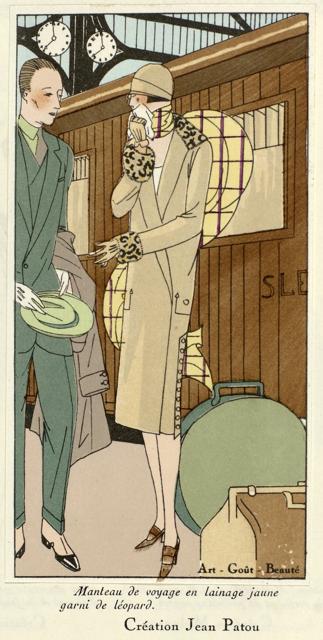 Sárga gyapjú utazókabát leopárd szegéllyel, az Art-Gout-Beaute-tól, 1920-as évek (pochoir print) alkotó: French School