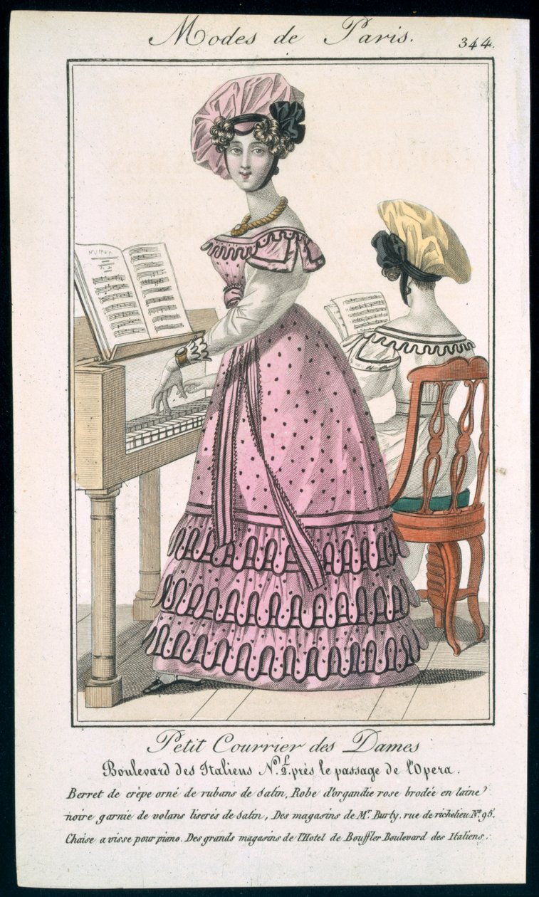 Fiatal nő rózsaszín orgonaruhában, feketével és krepp svájcisapkával szatén szalagokkal, reklám a Modes de Paris-tól, 1825 körül alkotó: French School