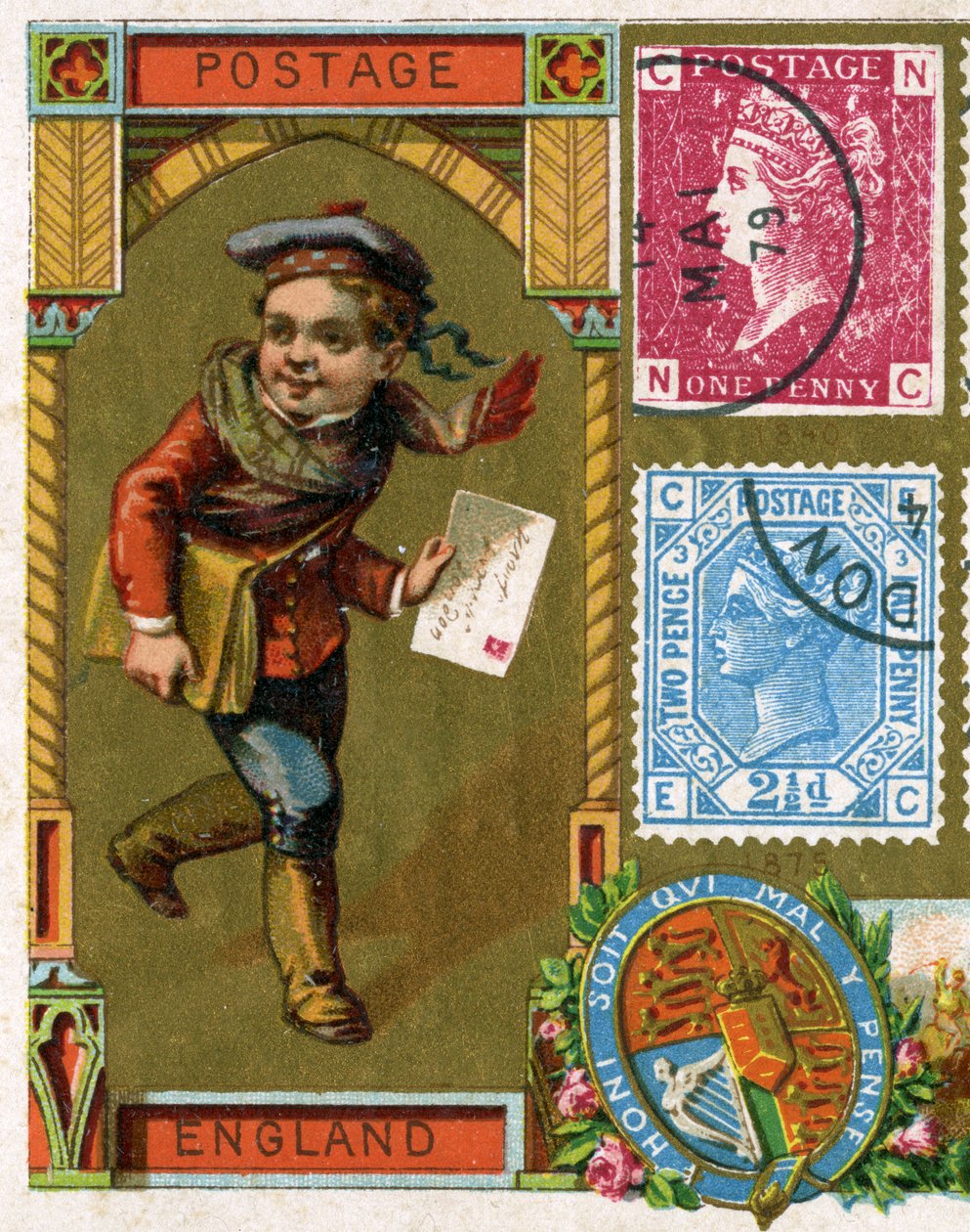 Fiatal postás levélzsákjával, aki levelet kézbesített a viktoriánus Angliában, a 19. század végén alkotó: French School