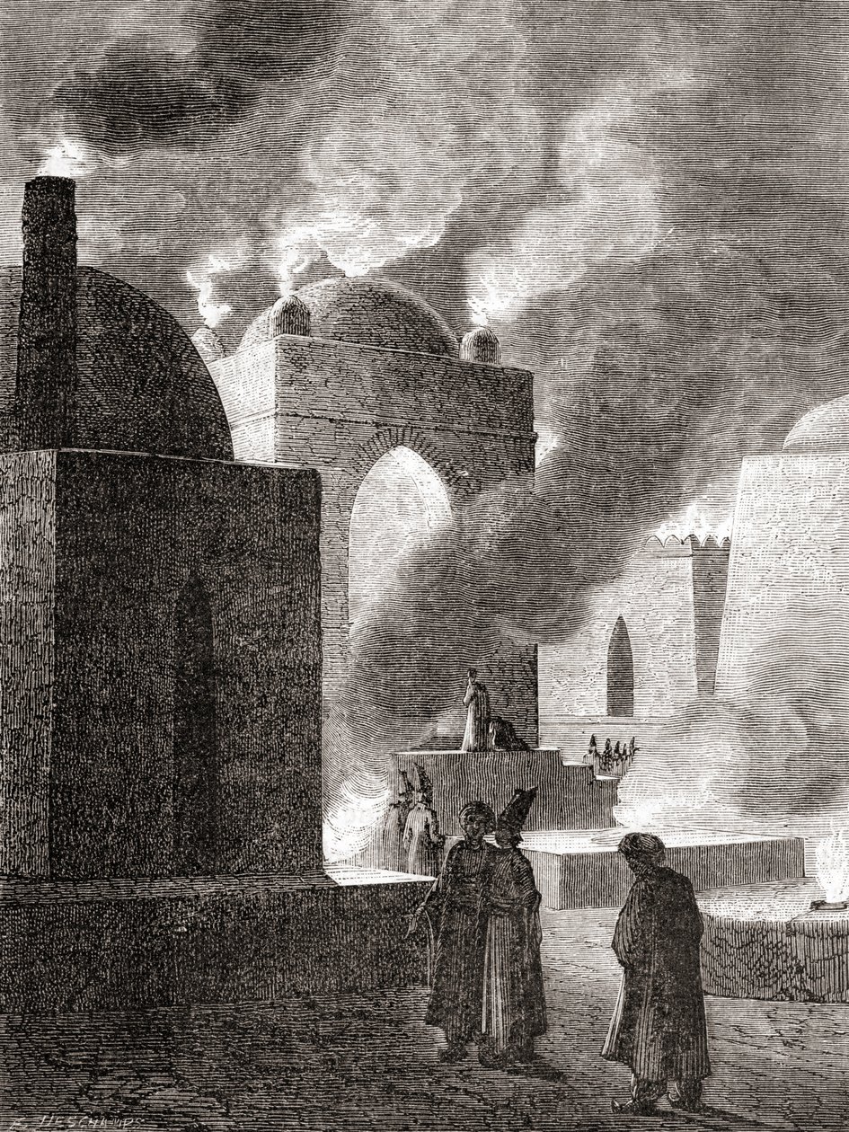 Zoroasztriánus tűzimádók egy tűztemplomban Bakuban, Azerbajdzsánban, a „Les Merveilles de la Science”-ből, 1870 körül (metszet) alkotó: French School