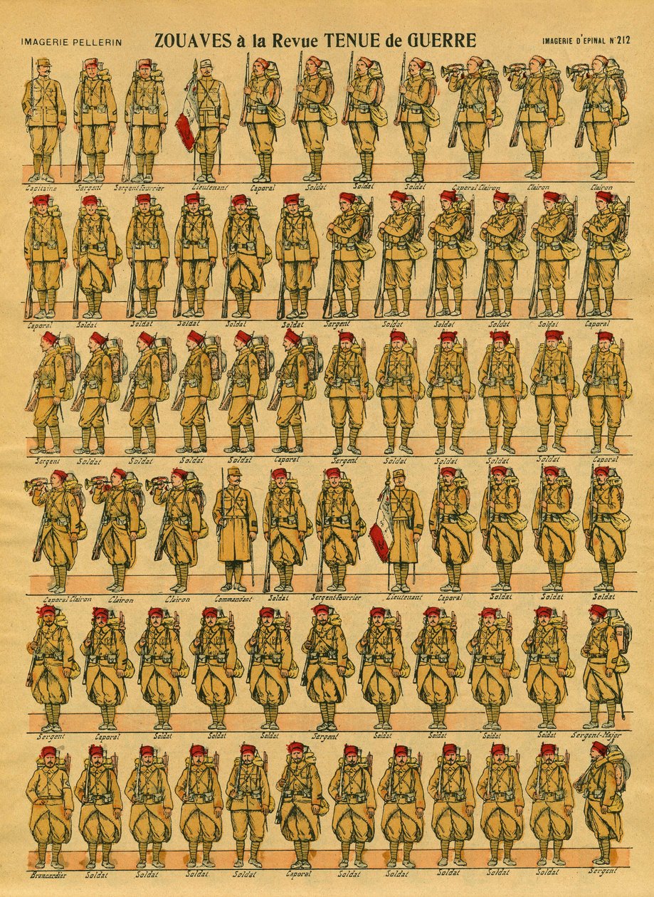 Zouaves, egy francia armee gyalogsági egység, amelyet 1830-ban Clauzel tábornok hozott létre Algéria meghódítására. Epinális képalkotás alkotó: French School