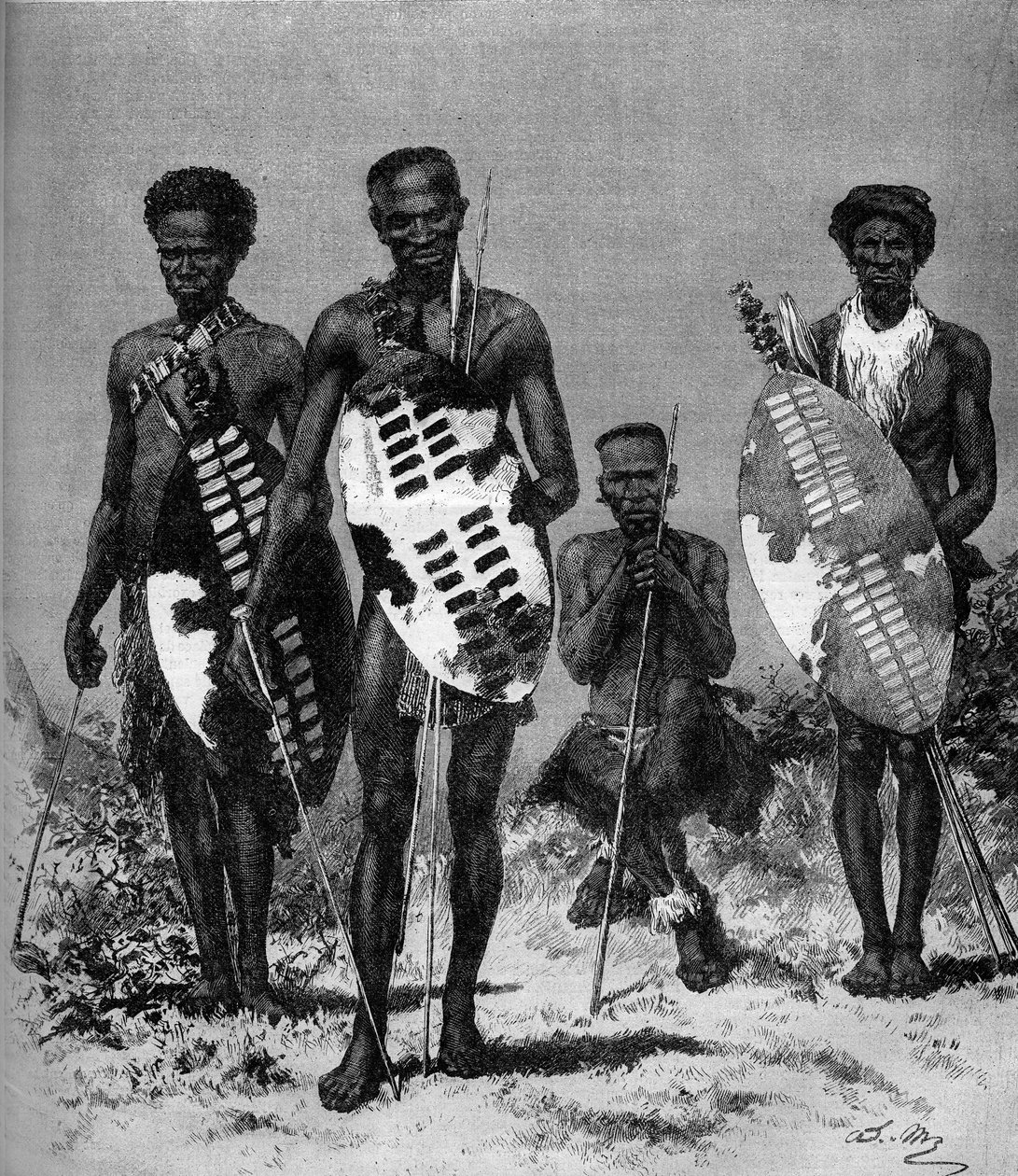 Zulu harcosok. Metszet az 1879. március 15-i „” The Illustrous World”” 1146. sz. alkotó: French School