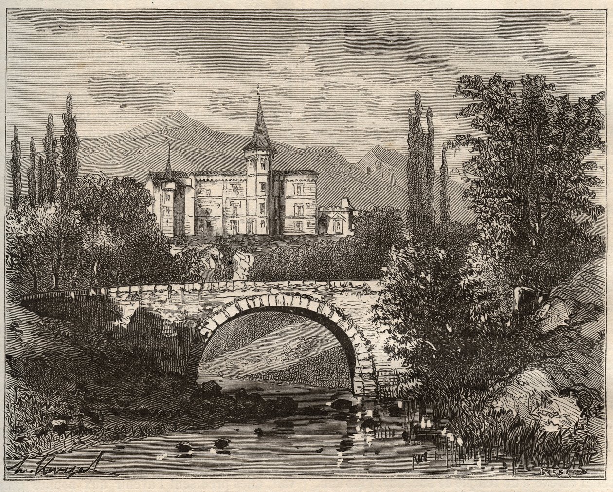 chateau de la rochelambert A Haute-Loire terminál völgyében (43) - „La France illustrée: földrajz, történelem, statisztikai igazgatás” metszete V.-A. Malátabarna. 1884 alkotó: French School
