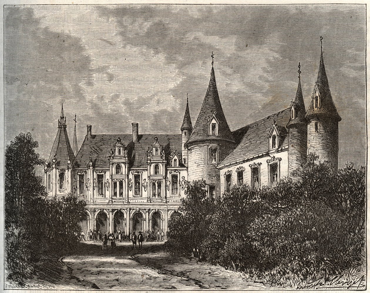 Chateau du Rocher a Mayenne-i Mezangers-ben – V.A. Malt-Brown „La France illustrée: földrajz, történelem, statisztikai igazgatás” című metszet. 1884 alkotó: French School