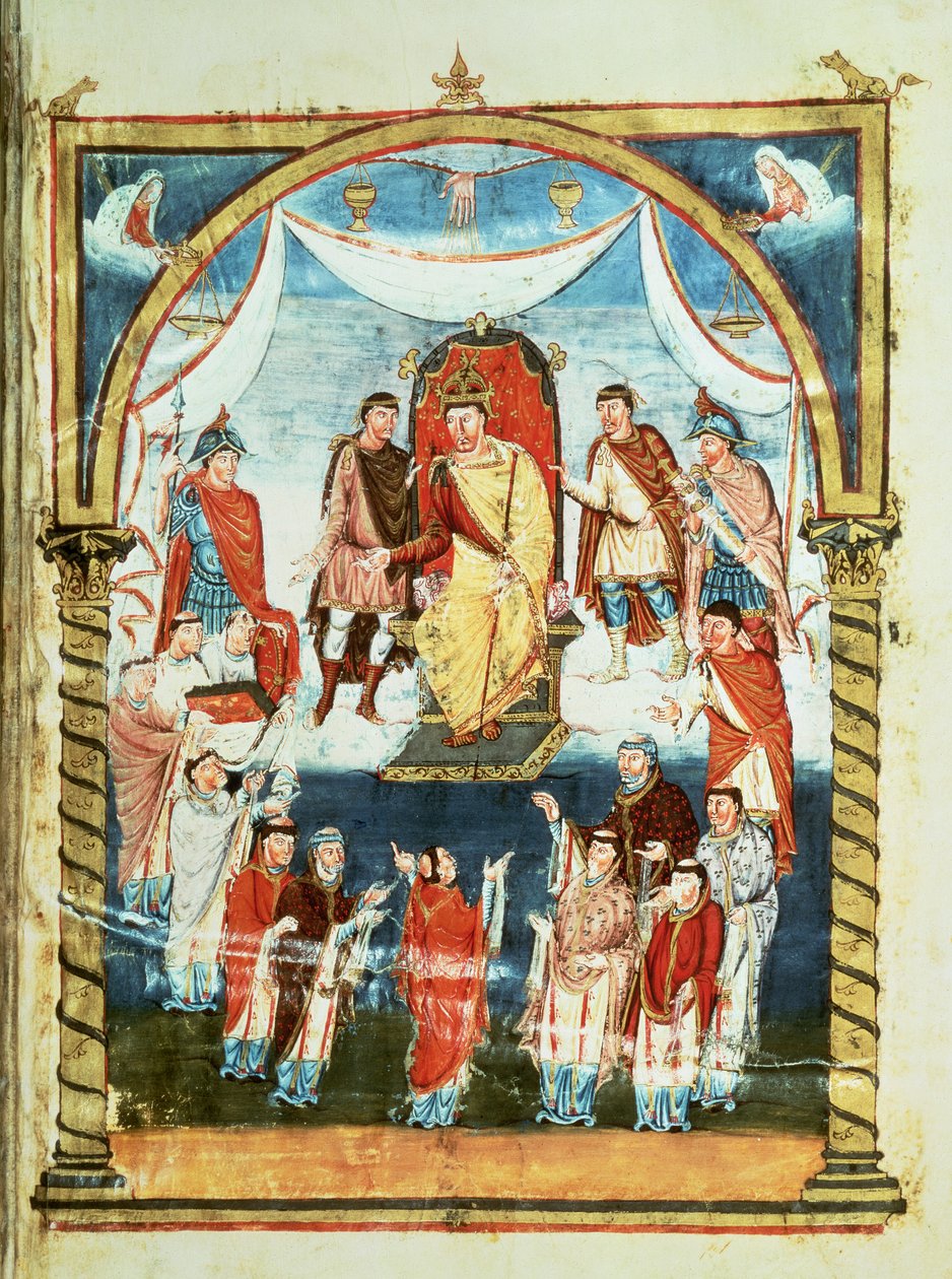 ds Lat 1 fol.423r II. Károly király Bibliát kap Vivian gróftól és Saint-Martin de Tours szerzeteseitől, Kopasz Károly első Bibliájából, 843-51 körül alkotó: French School