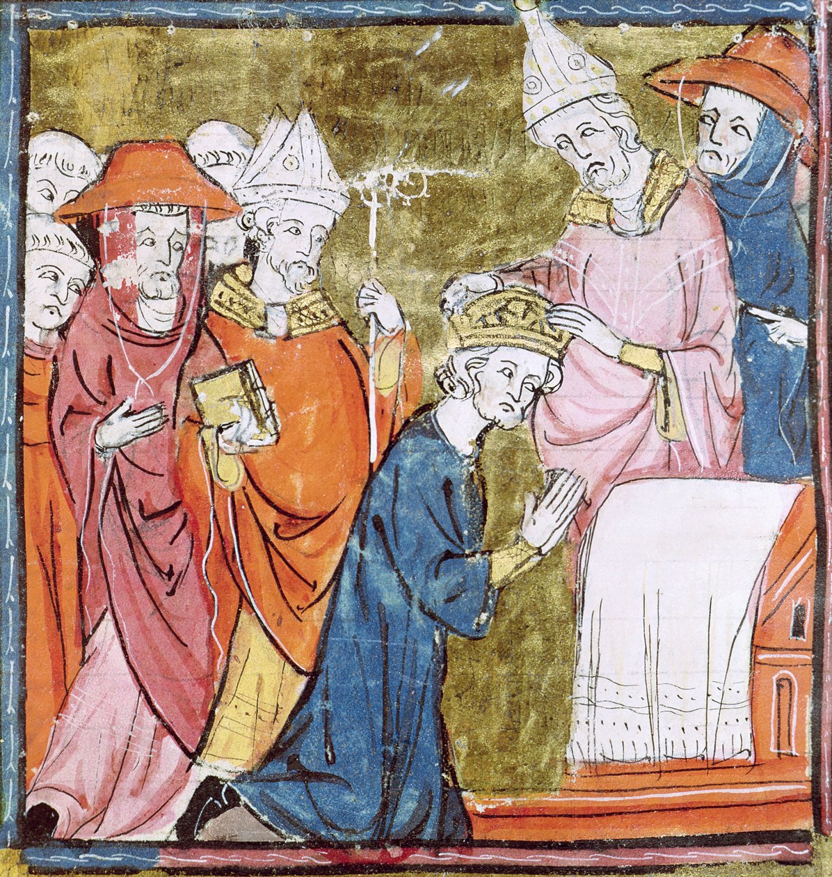 f.106r Nagy Károly császár (742-814) koronázása III. Leó pápa által (750-816 körül) a római St. Petersben 800-ban, Grandes Chroniques de France, 1375-79 alkotó: French School