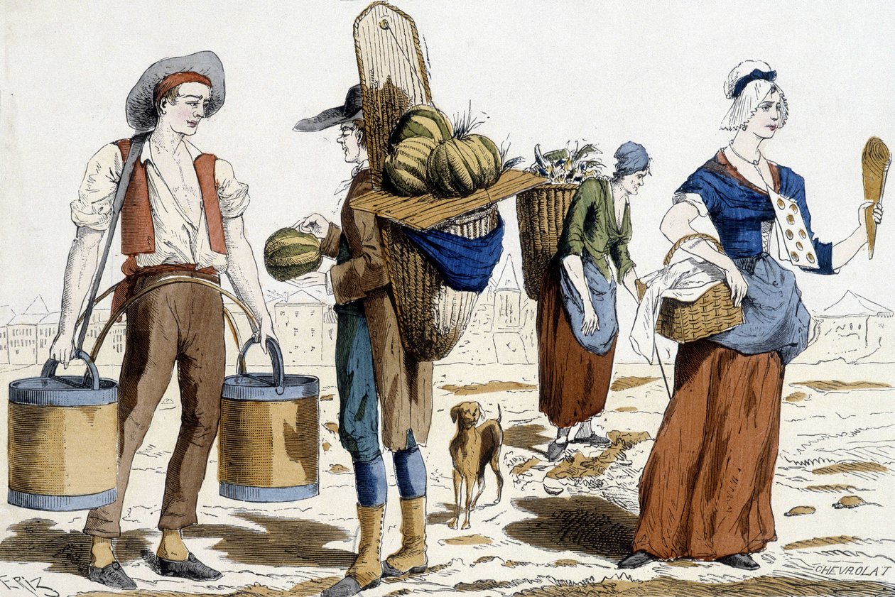 a 18. századi párizsi viseletek illusztrációja: vízhordó, dinnyekereskedő, chiffonnier, örömök kereskedője. alkotó: French School