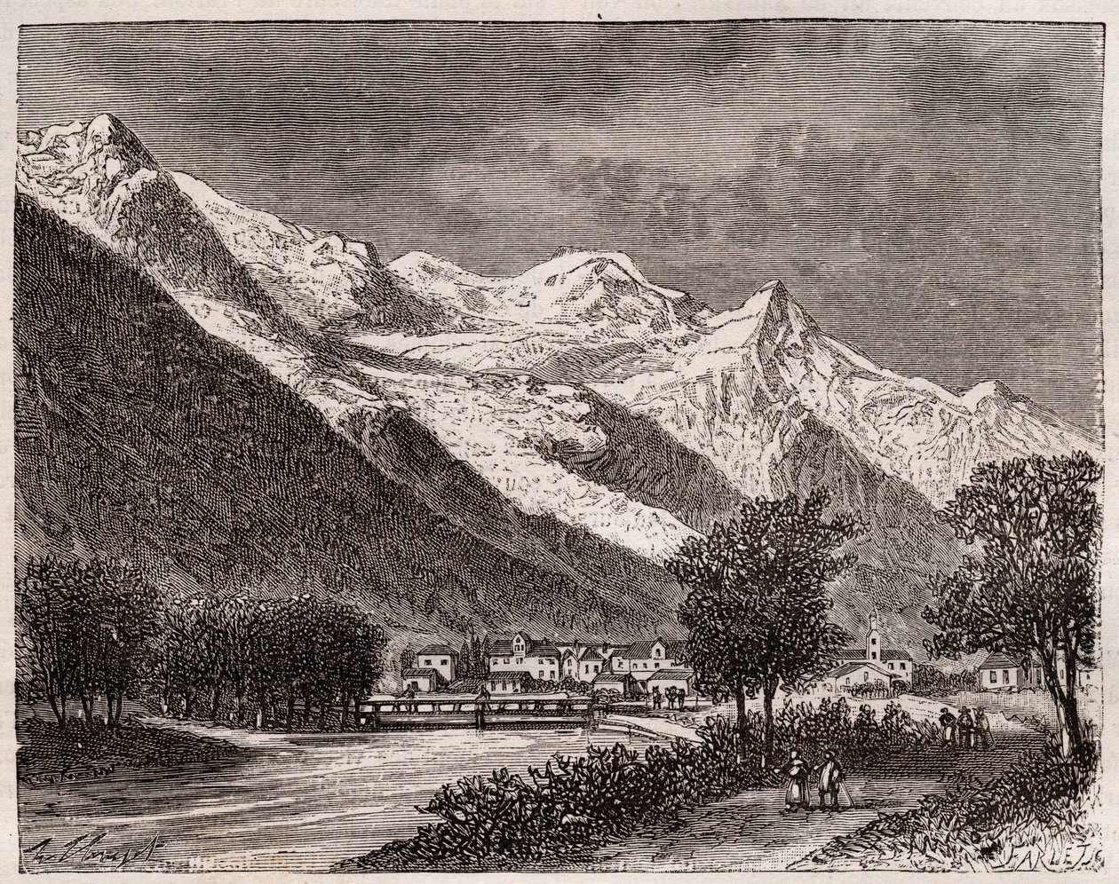 a chamonix-völgy és a mont Blanc – V.A. Malt-Brown „La France illustrée: földrajz, történelem, statisztikai igazgatás” című metszete. 1884 alkotó: French School
