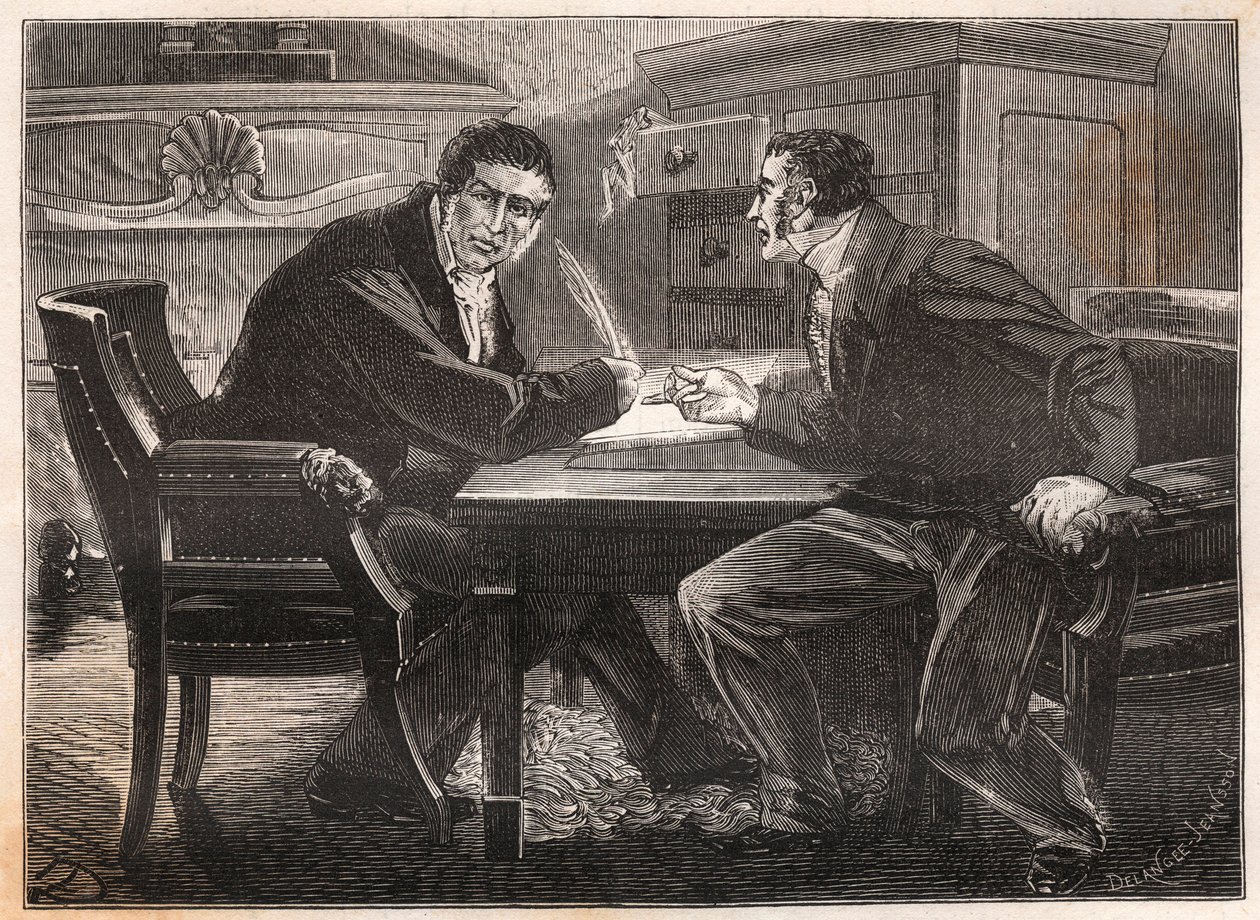 Július monarchia - a három nap minisztériuma - interjú Andre Dupin (1783-1865) és Jean-Charles (Jean-Charles) Persil (1785-1870) között - 1834 - metszet alkotó: French School