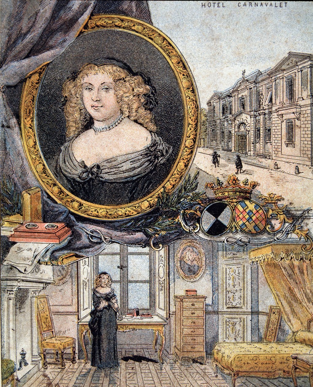 Marie de Rabutin-Chantal (Rabutin Chantal), Madame de Sevigne márkiné (1626-1696) és rezidenciájának, a Hotel Carnavaletnek portréja. alkotó: French School