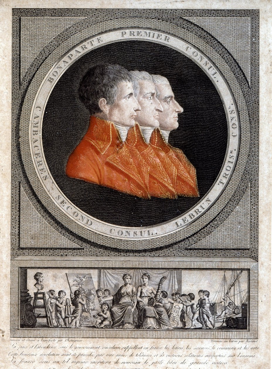 a három konzul, Napóleon Bonaparte (1769-1821), Jean Jacques Regis (Jean-Jacques-Regis) de Cambaceres (1753-1824) és Charles Francois Lebrun (1739-1824) portréja” alkotó: French School
