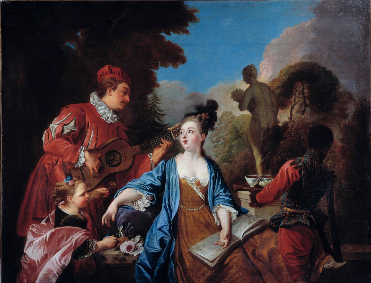 kóstolja meg a parkban A nemesi fiatalokat egy fiatal fekete szolga szolgálja fel a kertben a teával. A francia iskola festménye. 18. század. V 1,71x1,32 m Rouen, musee des Beaux Arts alkotó: French School