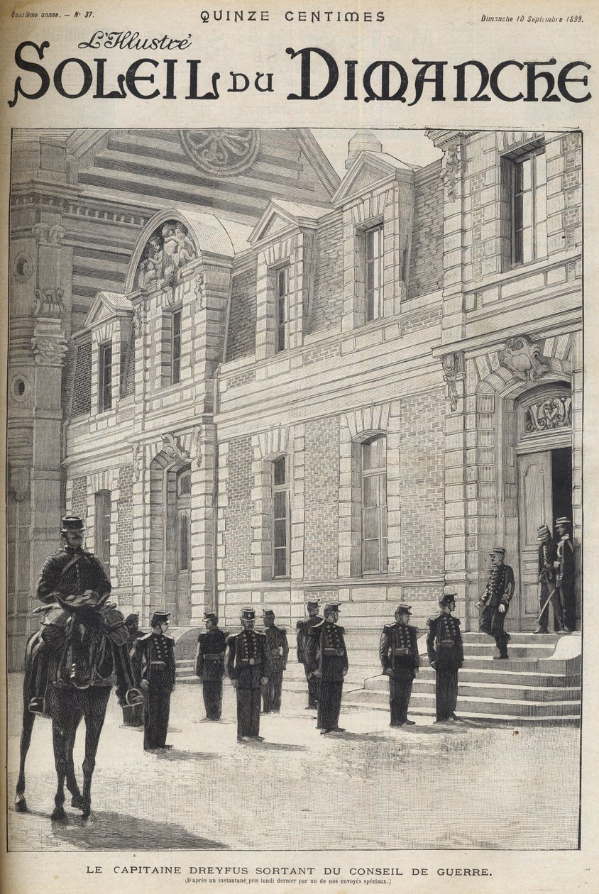 a Dreyfus-ügy – Alfred Dreyfus kapitány kilép a haditanácsból – Dreyfus-ügy – Proces de Rennes – Alfred Dreyfus kilép a haditanácsból (1899) – „Le soleil du diamanche” 1899. alkotó: French School