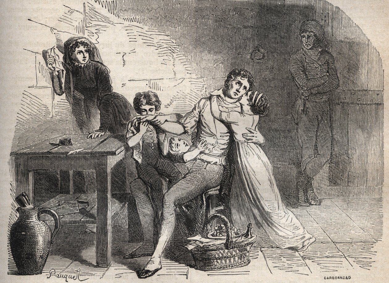 a lyoni postaüzenet - Case du courrier de Lyon: Joseph Lesurques búcsúja családjától: állítólag részt vett a lyoni posta ügyében 1796-ban, tévesen vádolták azzal, hogy megtámadta a lyoni postatartót, és guillotine-ba került - Metszet alkotó: French School