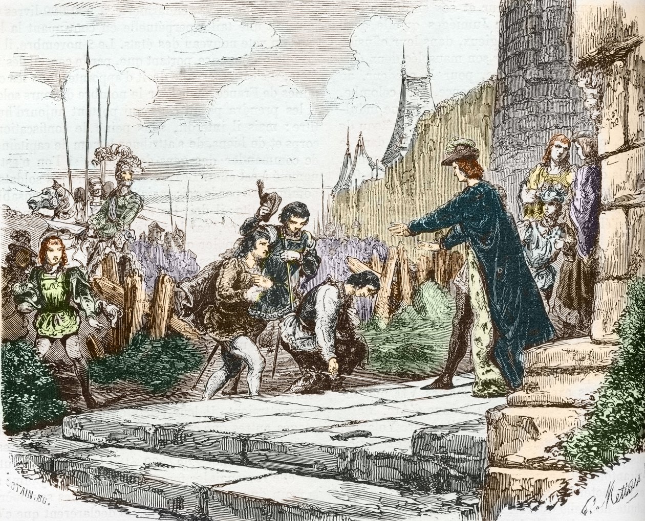 Lajos delfin (akkor XI. Lajos), II. János Alencon hercege és I. Károly Bourbon herceg bocsánatot kér VII. Károly királytól alkotó: French School