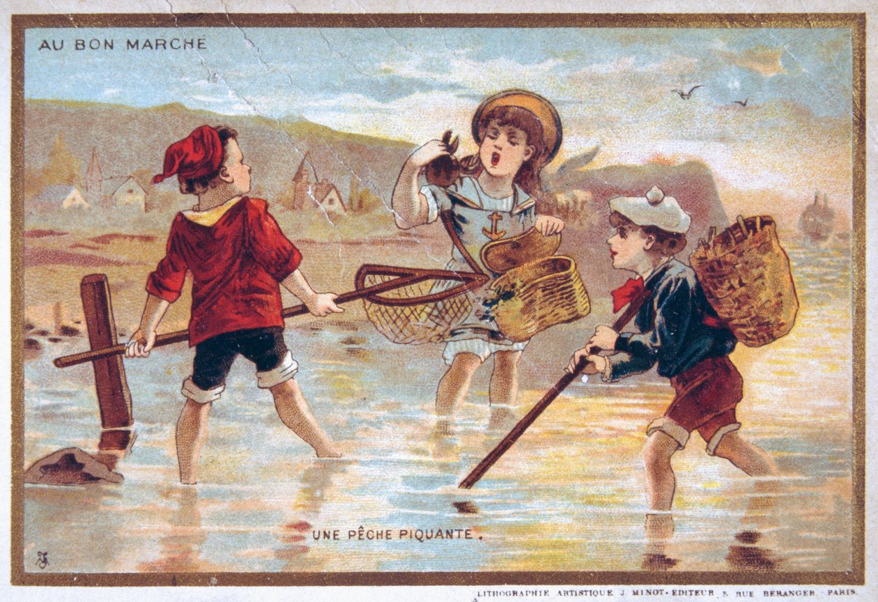 vintage képeslap, amely gyerekeket ábrázol a tengerparton alkotó: French School