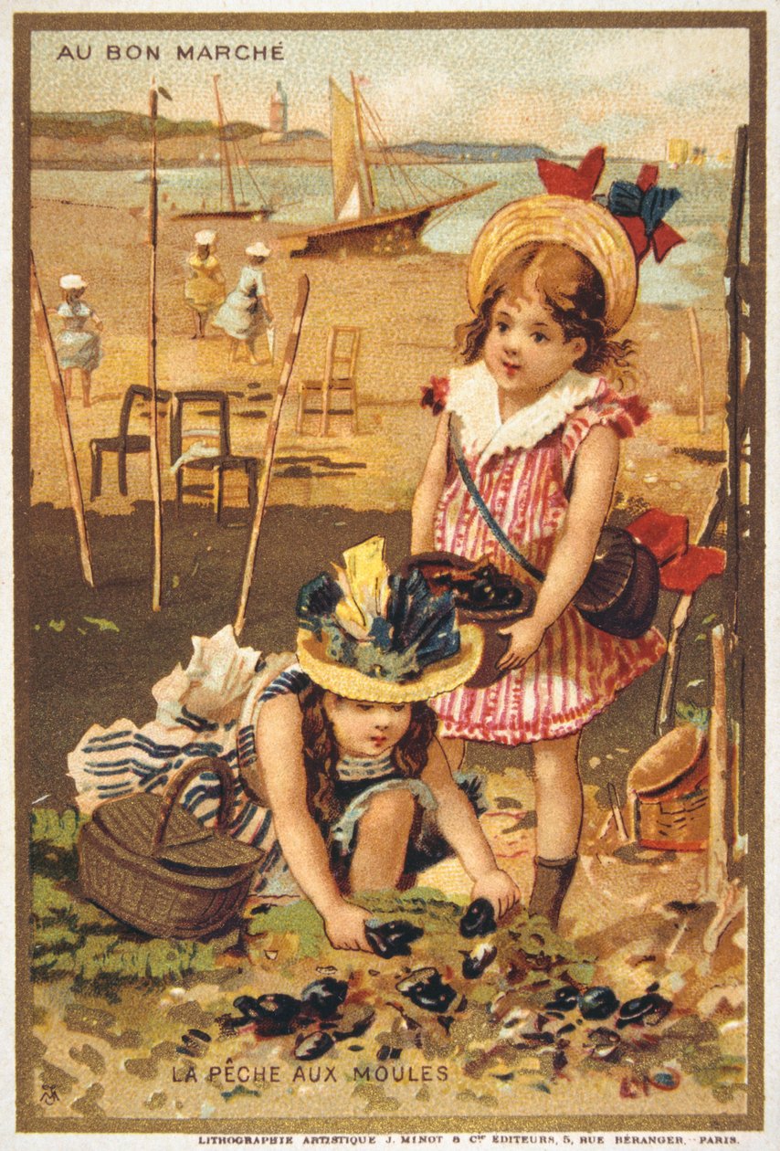 vintage képeslap, amely gyerekeket ábrázol a tengerparton alkotó: French School
