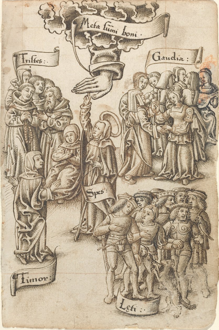 Remény, Mennyország felé nyúlva, Szomorú és boldog emberek között áll, Örömök és Félelem [fol. 19 recto] alkotó: French early 16th Century