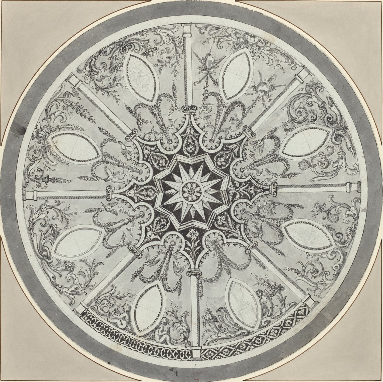 Tervezés berakásos kör alakú asztallaphoz, alternatívákkal alkotó: French or Italian 18th Century