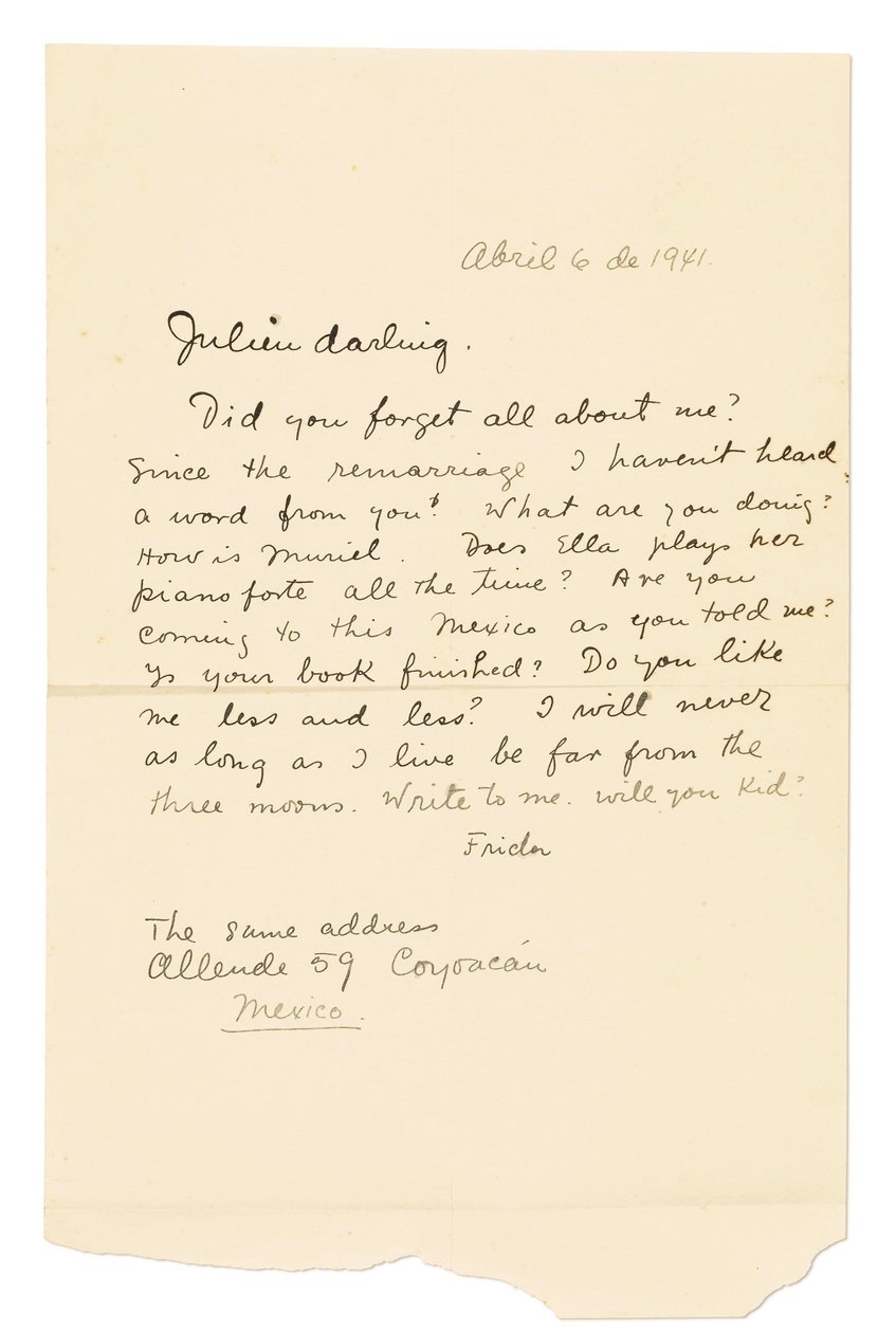 Aláírt autográf levél ("Frida") Julien [Levy] részére, Coyoacán, 1941. április 6. (toll és tinta, papír) alkotó: Frida Kahlo